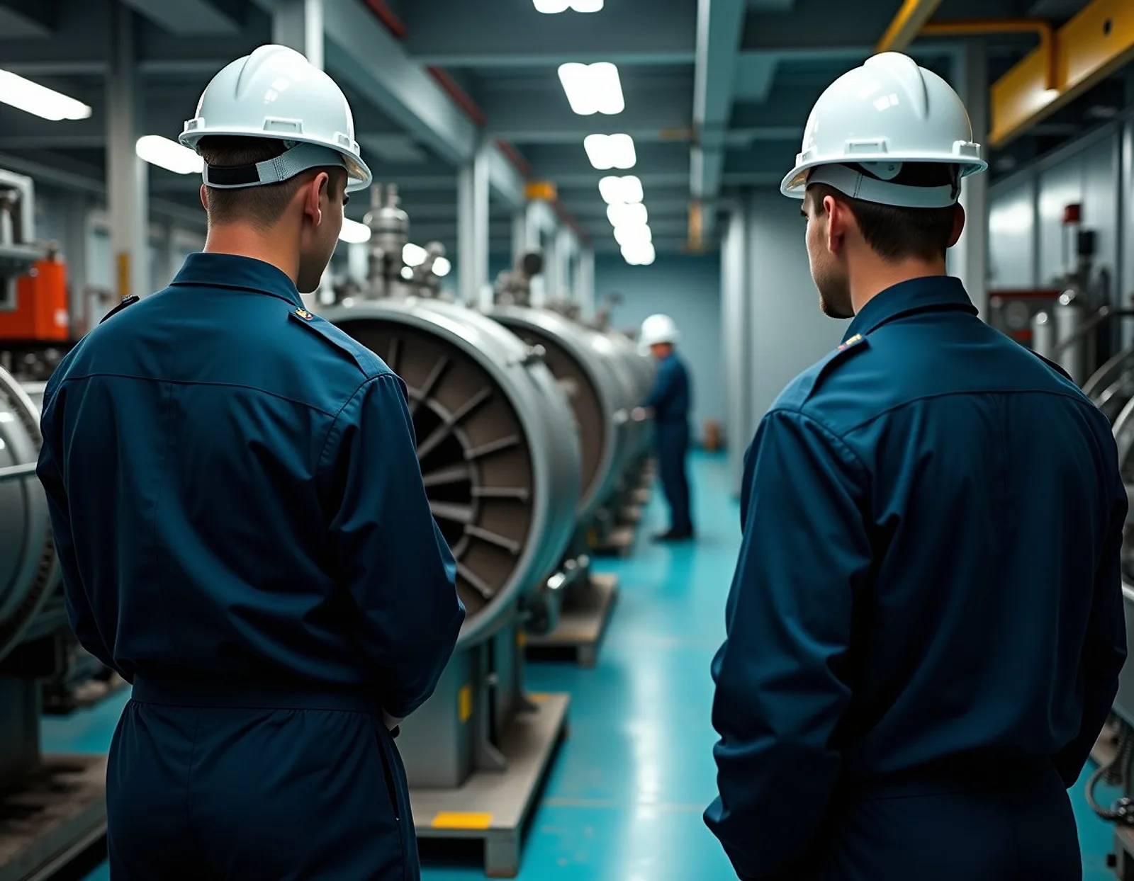 Engineers beside engine machinery