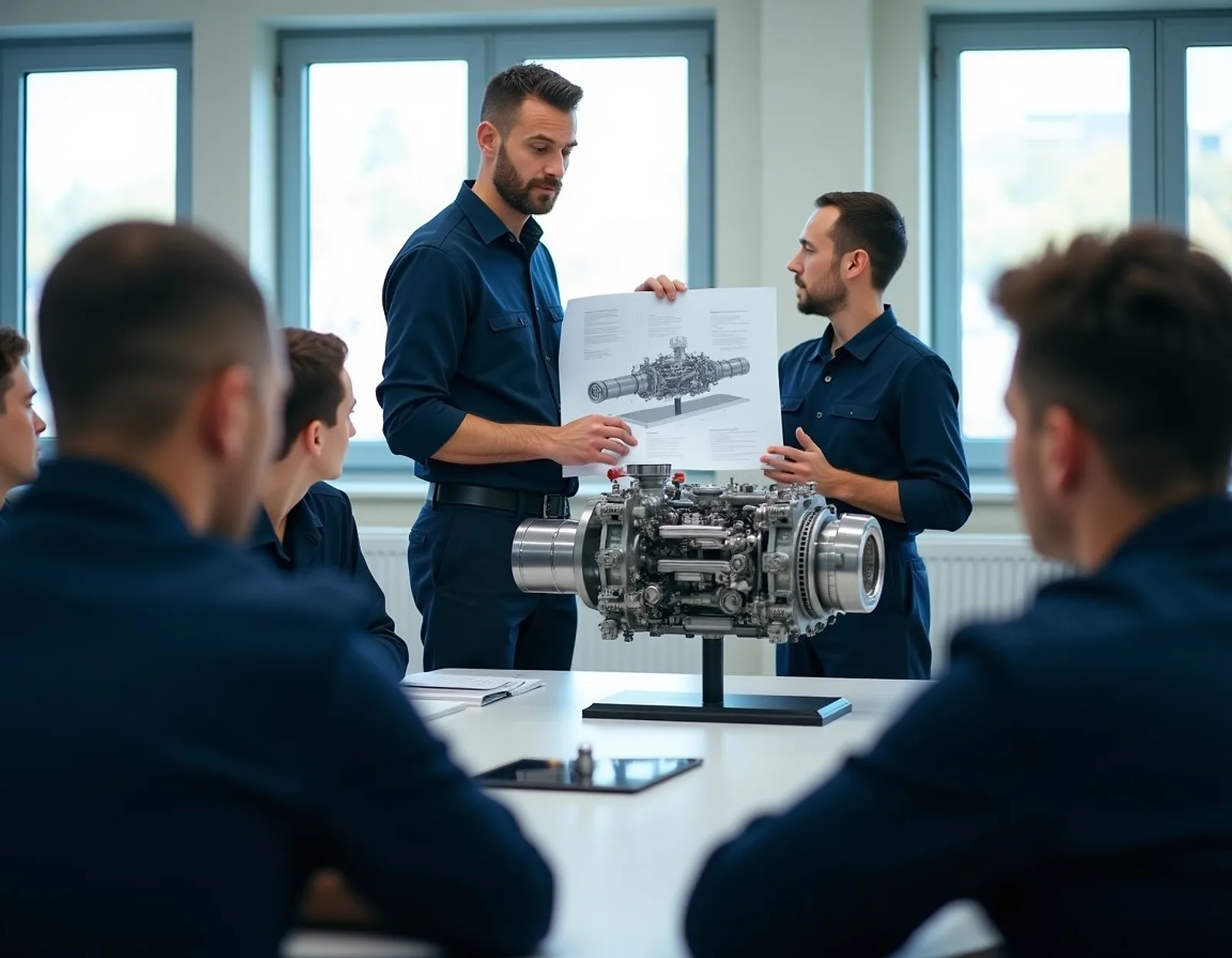 Instructor with an engine diagram